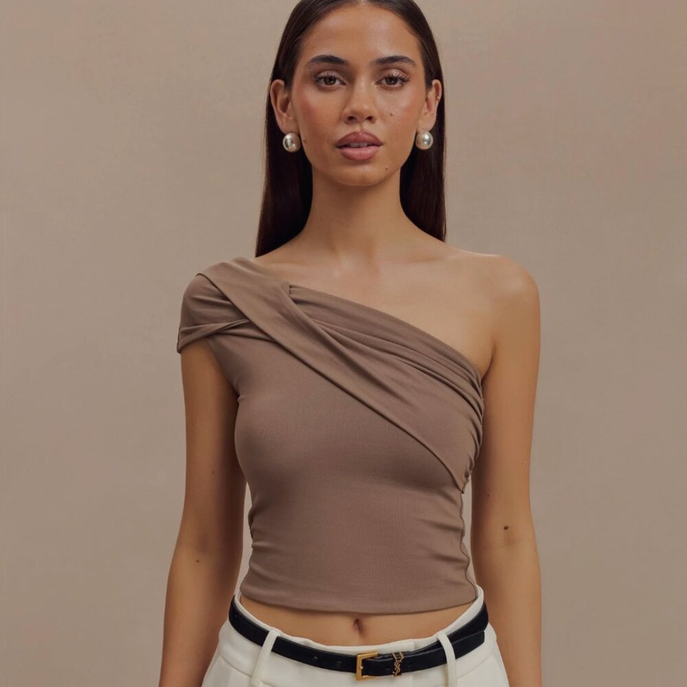 NWT Meshki Solene One Shoulder Recycled Nylon Twist Top - Smoke, Small